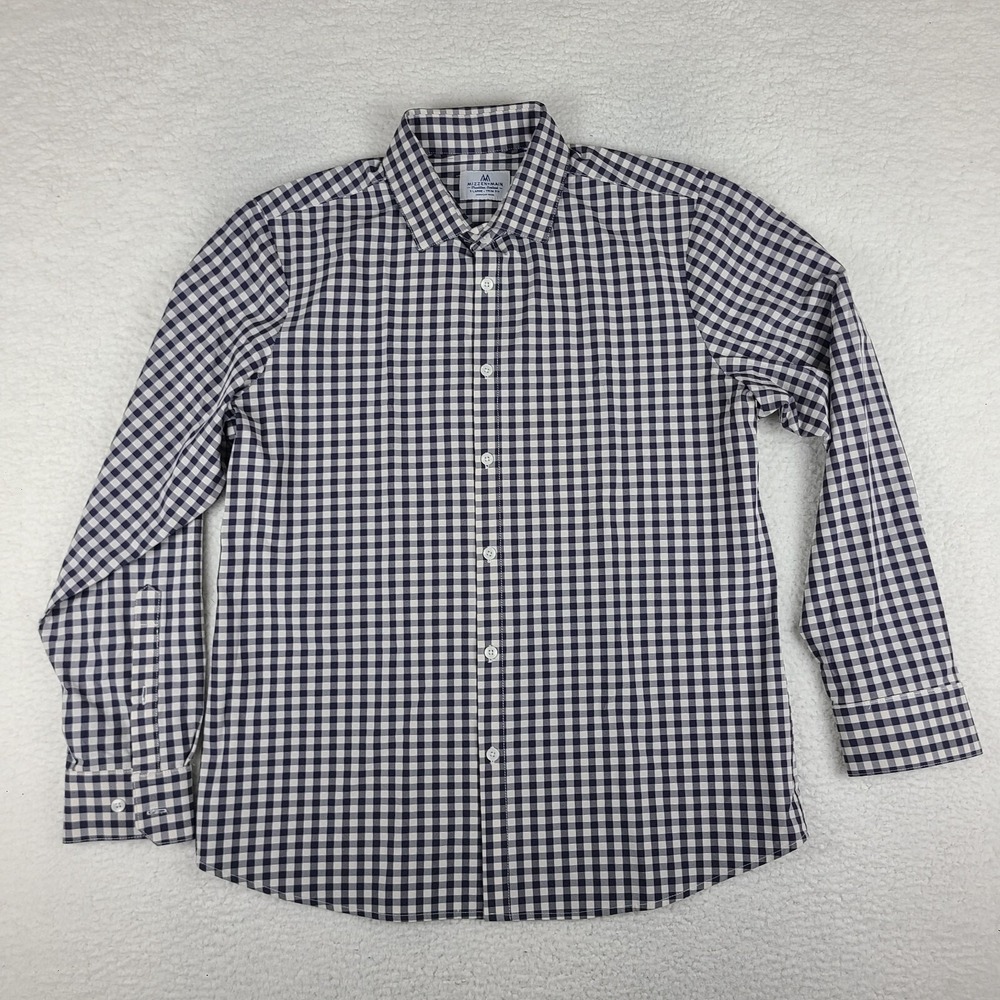 Mizzen Main Shirt Mens XL Dark Blue Gingham Check Trim Fit Dress Button Up